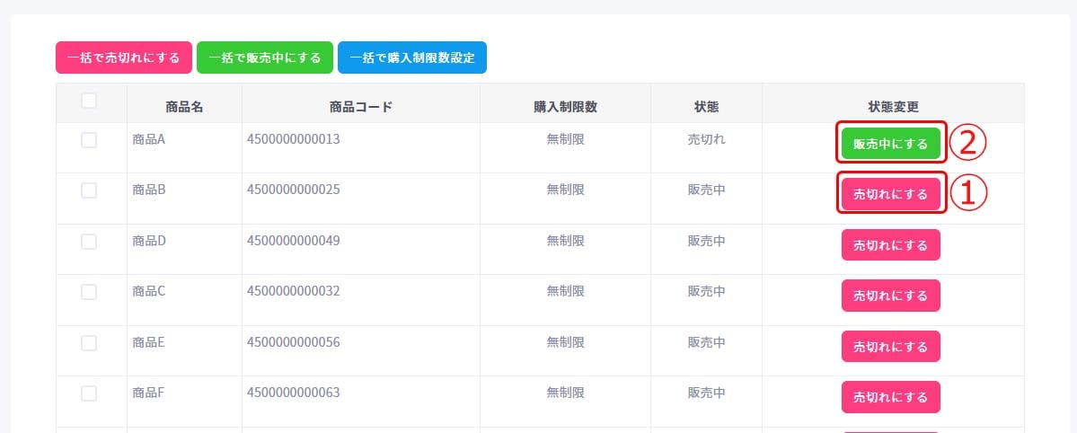 商品を個別で売切れにする・販売中にする2